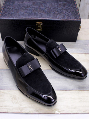 メンズドレスローファー 本革 ラウンドトゥ パッチワーク ボウ スリッポン プロムシューズ