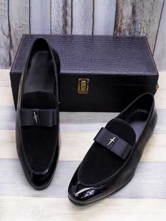 メンズドレスローファー 本革 ラウンドトゥ パッチワーク ボウ スリッポン プロムシューズ