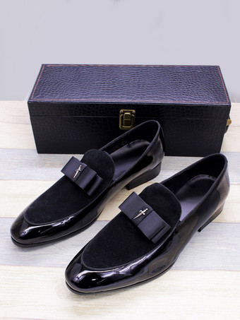 ブラック メンズドレスローファー 本革 ラウンドトゥ パッチワーク ボウ スリッポン プロムシューズ