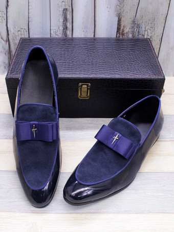 メンズドレスローファー 本革 ラウンドトゥ パッチワーク ボウ スリッポン プロムシューズ