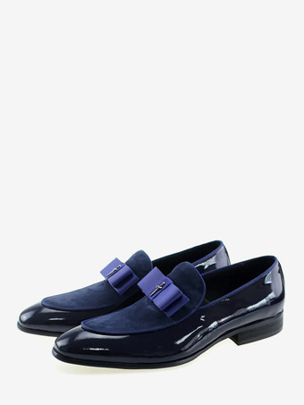 ブルー メンズドレスローファー 本革 ラウンドトゥ パッチワーク ボウ スリッポン プロムシューズ