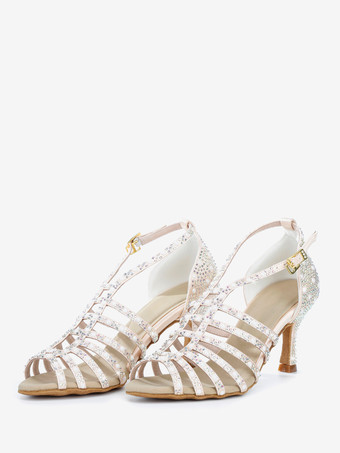 肌色サテン社交ダンスシューズ パール オープントゥ ハイヒール ラテンダンスシューズ