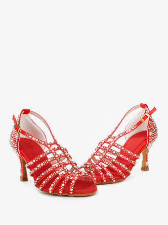 レッド サテン社交ダンスシューズ パール オープントゥ ハイヒール ラテンダンスシューズ