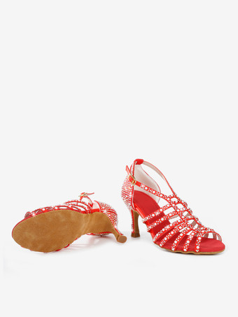 サテン社交ダンスシューズ パール オープントゥ ハイヒール ラテンダンスシューズ