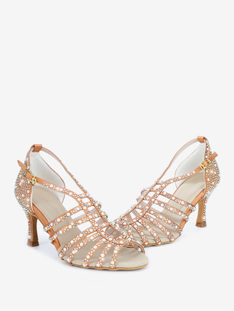 ブラウンサテン社交ダンスシューズ パール オープントゥ ハイヒール ラテンダンスシューズ