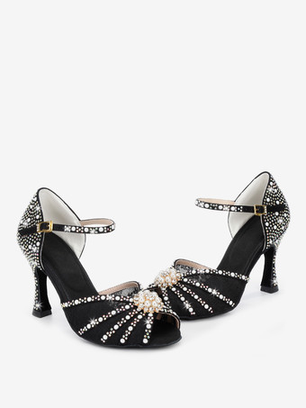 ラテンダンスシューズ サテン オープントゥ パール バックルディテール ボールルームシューズ