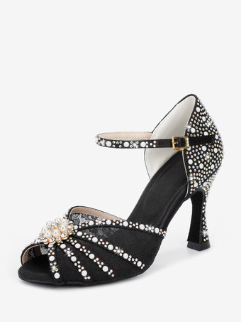 ラテンダンスシューズ サテン オープントゥ パール バックルディテール ボールルームシューズ