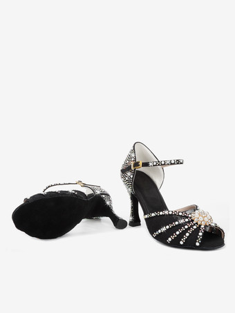 ラテンダンスシューズ サテン オープントゥ パール バックルディテール ボールルームシューズ