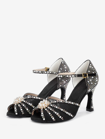 ブラック ラテンダンスシューズ サテン オープントゥ パール バックルディテール ボールルームシューズ
