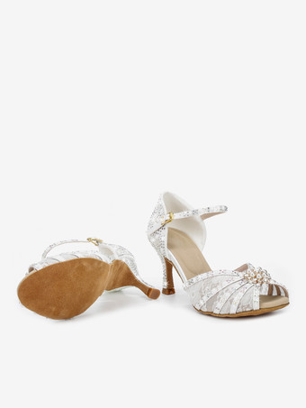 ラテンダンスシューズ サテン オープントゥ パール バックルディテール ボールルームシューズ