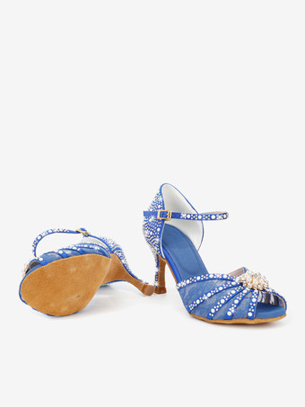 ラテンダンスシューズ サテン オープントゥ パール バックルディテール ボールルームシューズ