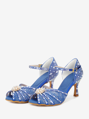 ブルー ラテンダンスシューズ サテン オープントゥ パール バックルディテール ボールルームシューズ