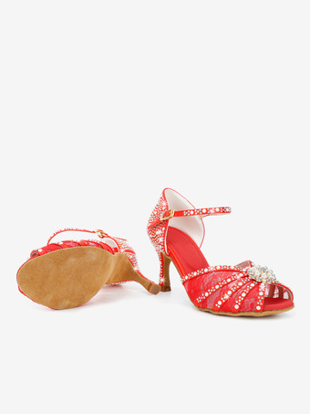 ラテンダンスシューズ サテン オープントゥ パール バックルディテール ボールルームシューズ