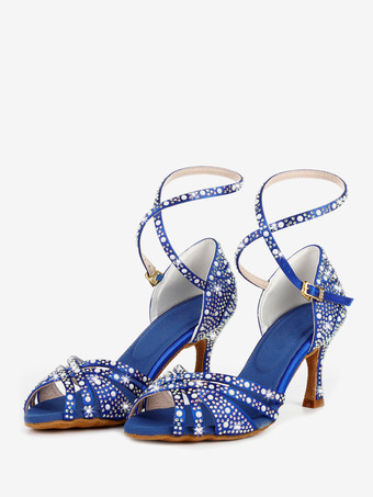 ブルー サテン社交ダンスシューズ ラインストーン ストラップ ラテンダンスシューズ