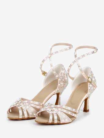 肌色サテン社交ダンスシューズ ラインストーン ストラップ ラテンダンスシューズ