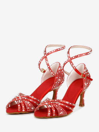レッド サテン社交ダンスシューズ ラインストーン ストラップ ラテンダンスシューズ