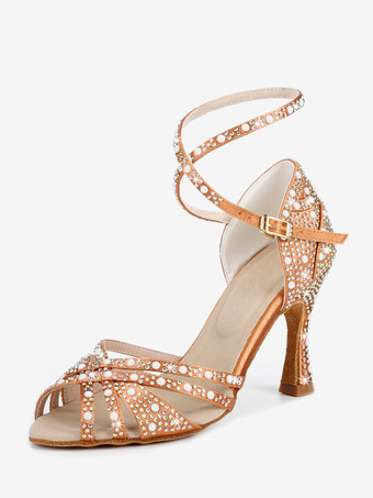 サテン社交ダンスシューズ ラインストーン ストラップ ラテンダンスシューズ