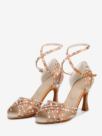 サテン社交ダンスシューズ ラインストーン ストラップ ラテンダンスシューズ