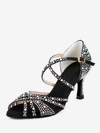 サテン社交ダンスシューズ ラインストーン ストラップ ラテンダンスシューズ