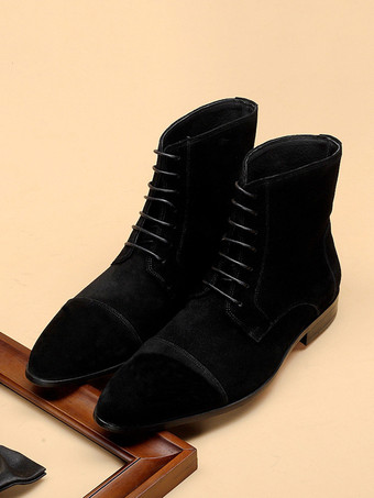 ブラック メンズ アンクルブーツ スエードレザー ラウンドトゥ レースアップ ドレスブーツ