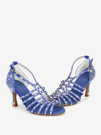 ブルー サテン社交ダンスシューズ パール オープントゥ ハイヒール ラテンダンスシューズ