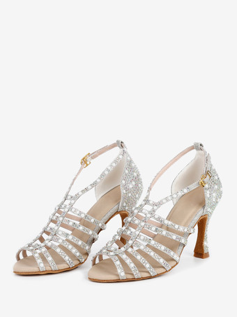 シャンパンカラーサテン社交ダンスシューズ パール オープントゥ ハイヒール ラテンダンスシューズ