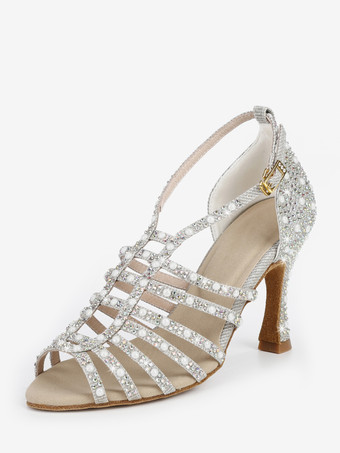 サテン社交ダンスシューズ パール オープントゥ ハイヒール ラテンダンスシューズ