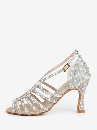 サテン社交ダンスシューズ パール オープントゥ ハイヒール ラテンダンスシューズ