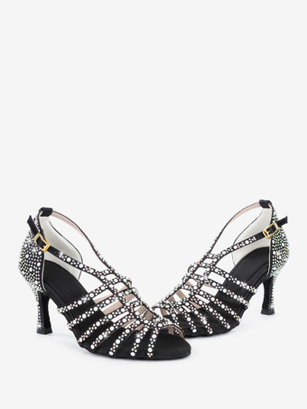 ブラック サテン社交ダンスシューズ パール オープントゥ ハイヒール ラテンダンスシューズ