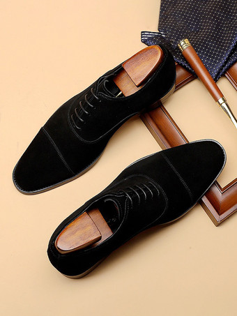Black Men's Oxford Shoes Cowhide Round Toe Lace Up Formal Dress Shoes