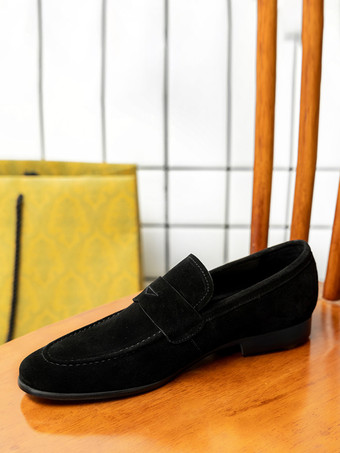 ブラック メンズ スリッポン ローファー スエードレザー ラウンドトゥ カジュアル ペニーローファー