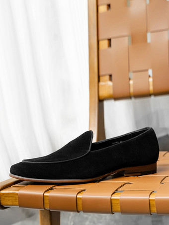 ブラック メンズ ドレスローファー スエードレザー ラウンドトゥ スリップオン フォーマルシューズ