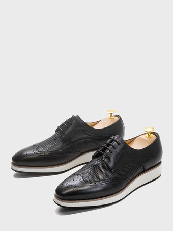 ブラック メンズ ブローグシューズ ラウンドトゥ 本革 ラウンドトゥ レースアップ ウィングチップシューズ