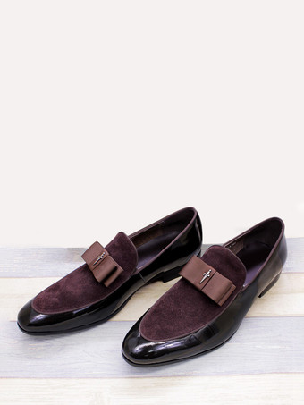 ブラウンメンズドレスローファー 本革 ラウンドトゥ パッチワーク ボウ スリッポン プロムシューズ