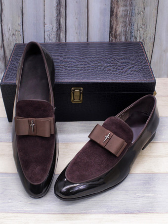 メンズドレスローファー 本革 ラウンドトゥ パッチワーク ボウ スリッポン プロムシューズ