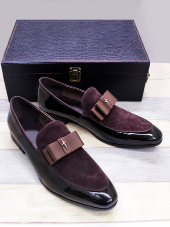 メンズドレスローファー 本革 ラウンドトゥ パッチワーク ボウ スリッポン プロムシューズ