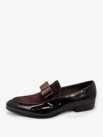 メンズドレスローファー 本革 ラウンドトゥ パッチワーク ボウ スリッポン プロムシューズ