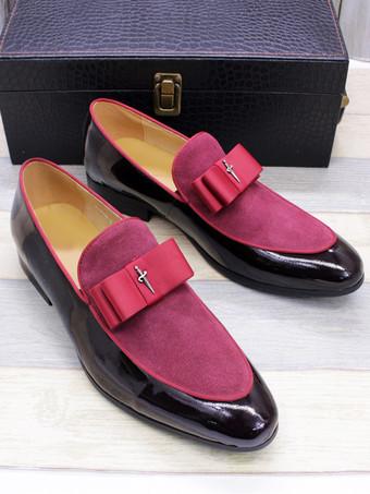 メンズドレスローファー 本革 ラウンドトゥ パッチワーク ボウ スリッポン プロムシューズ