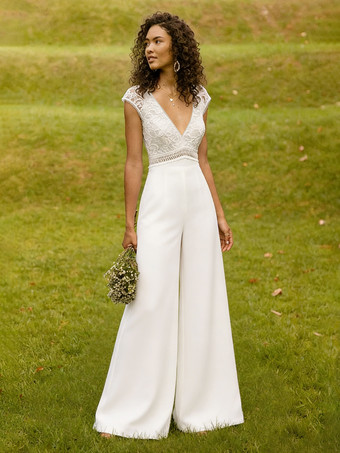 Marfil   Mono de novia de crepé elástico con encaje largo hasta el suelo escote en V manga corta cintura natural color marfil