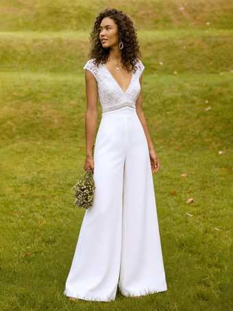 BlancoMono de novia de crepé elástico con encaje largo hasta el suelo escote en V manga corta cintura natural color marfil