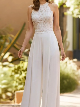 ブライダルジャンプスーツ シフォンレース フロアレングスジャンプスーツ デザインネックライン ノースリーブ ナチュラルウエスト ホワイト