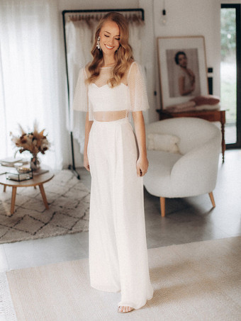 アイボリー3ピースウェディングドレス シフォン フロントスリット イリュージョンネックライン ツーピース フロア丈 ジッパー ハーフスリーブ フロア丈 ホワイト