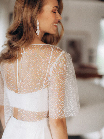 3ピースウェディングドレス シフォン フロントスリット イリュージョンネックライン ツーピース フロア丈 ジッパー ハーフスリーブ フロア丈 ホワイト