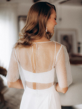 3ピースウェディングドレス シフォン フロントスリット イリュージョンネックライン ツーピース フロア丈 ジッパー ハーフスリーブ フロア丈 ホワイト