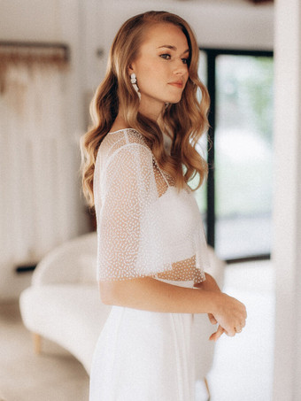 3ピースウェディングドレス シフォン フロントスリット イリュージョンネックライン ツーピース フロア丈 ジッパー ハーフスリーブ フロア丈 ホワイト