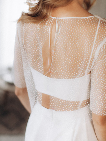 3ピースウェディングドレス シフォン フロントスリット イリュージョンネックライン ツーピース フロア丈 ジッパー ハーフスリーブ フロア丈 ホワイト