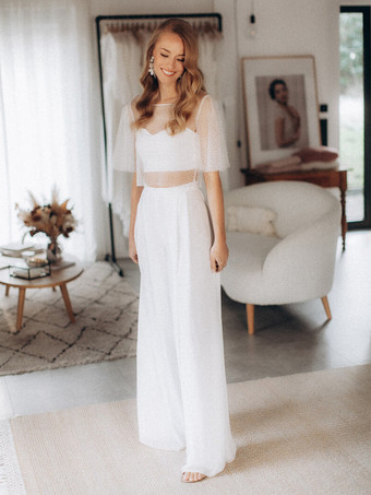 ホワイト3ピースウェディングドレス シフォン フロントスリット イリュージョンネックライン ツーピース フロア丈 ジッパー ハーフスリーブ フロア丈 ホワイト