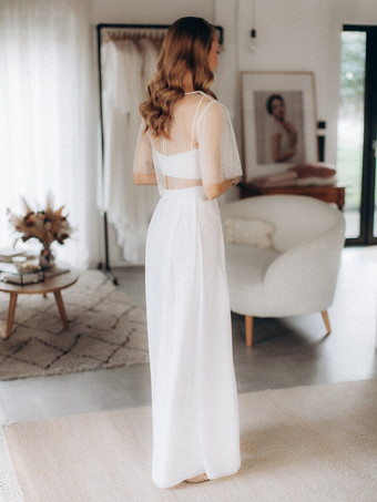 3ピースウェディングドレス シフォン フロントスリット イリュージョンネックライン ツーピース フロア丈 ジッパー ハーフスリーブ フロア丈 ホワイト