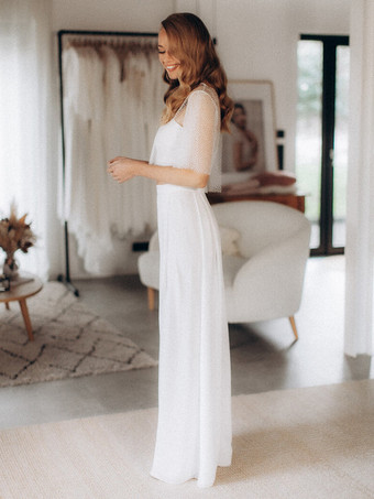 3ピースウェディングドレス シフォン フロントスリット イリュージョンネックライン ツーピース フロア丈 ジッパー ハーフスリーブ フロア丈 ホワイト