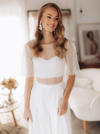 3ピースウェディングドレス シフォン フロントスリット イリュージョンネックライン ツーピース フロア丈 ジッパー ハーフスリーブ フロア丈 ホワイト